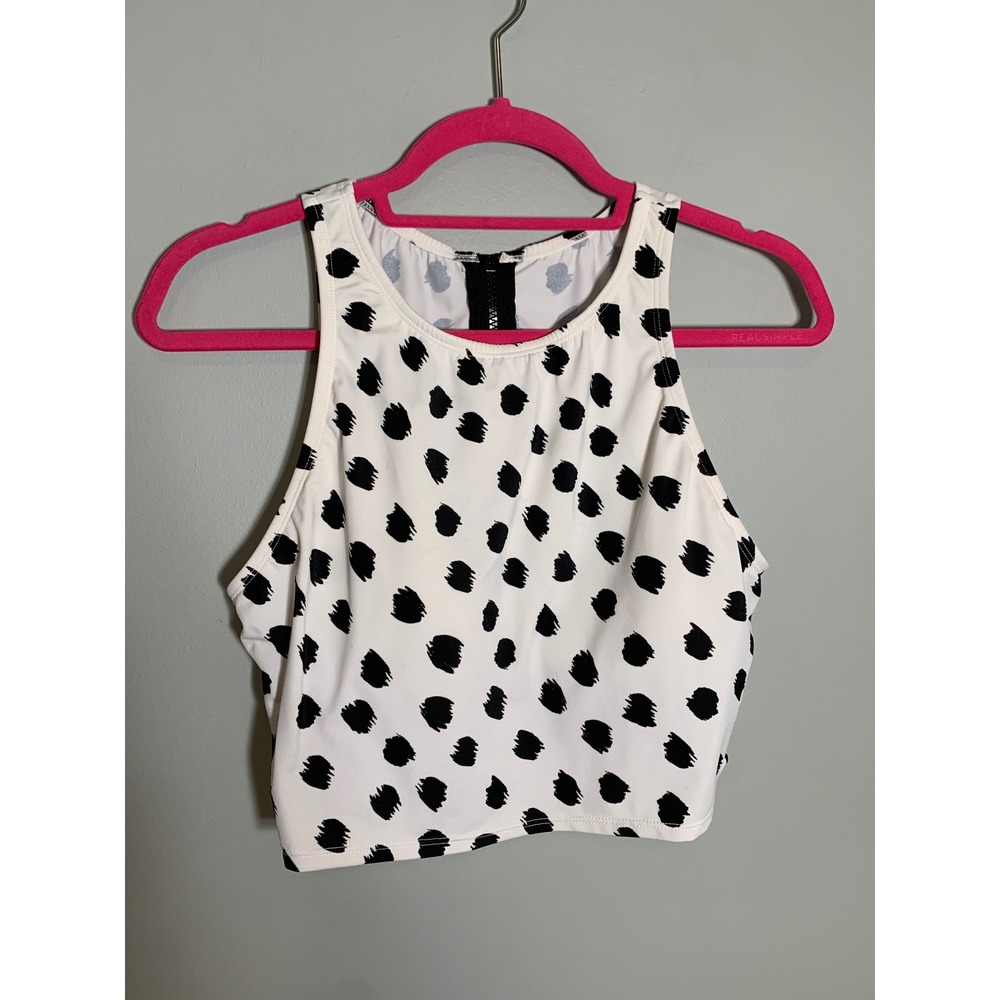 Beach Betty Bikini Top Women Large White Black Polka Dot High Neck Zip Back